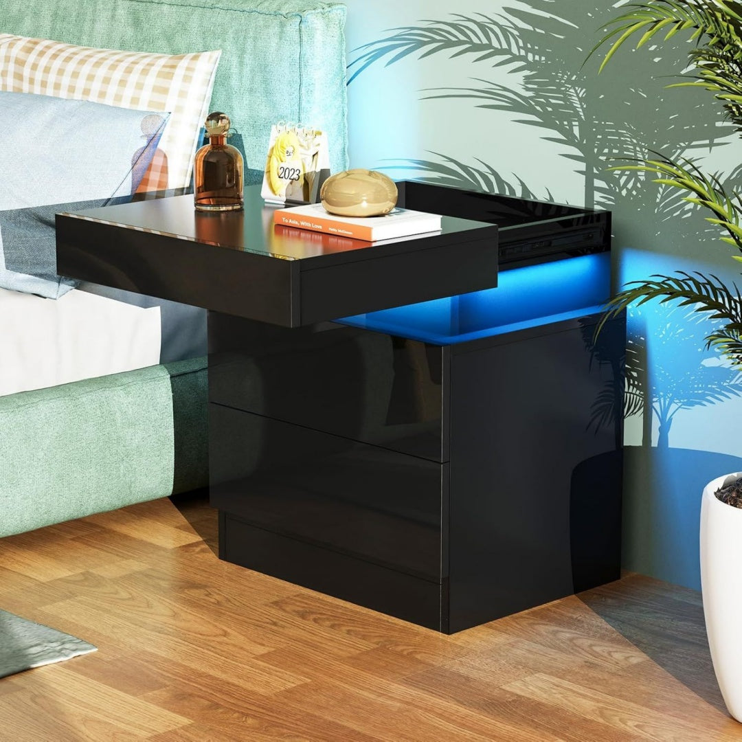 Table de bout de lit Noire 2 tiroirs