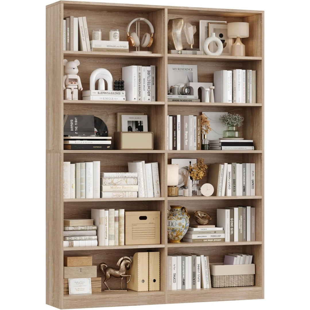 Bibliotheque marron 12 etageres de rangement, finition chene style scandinave