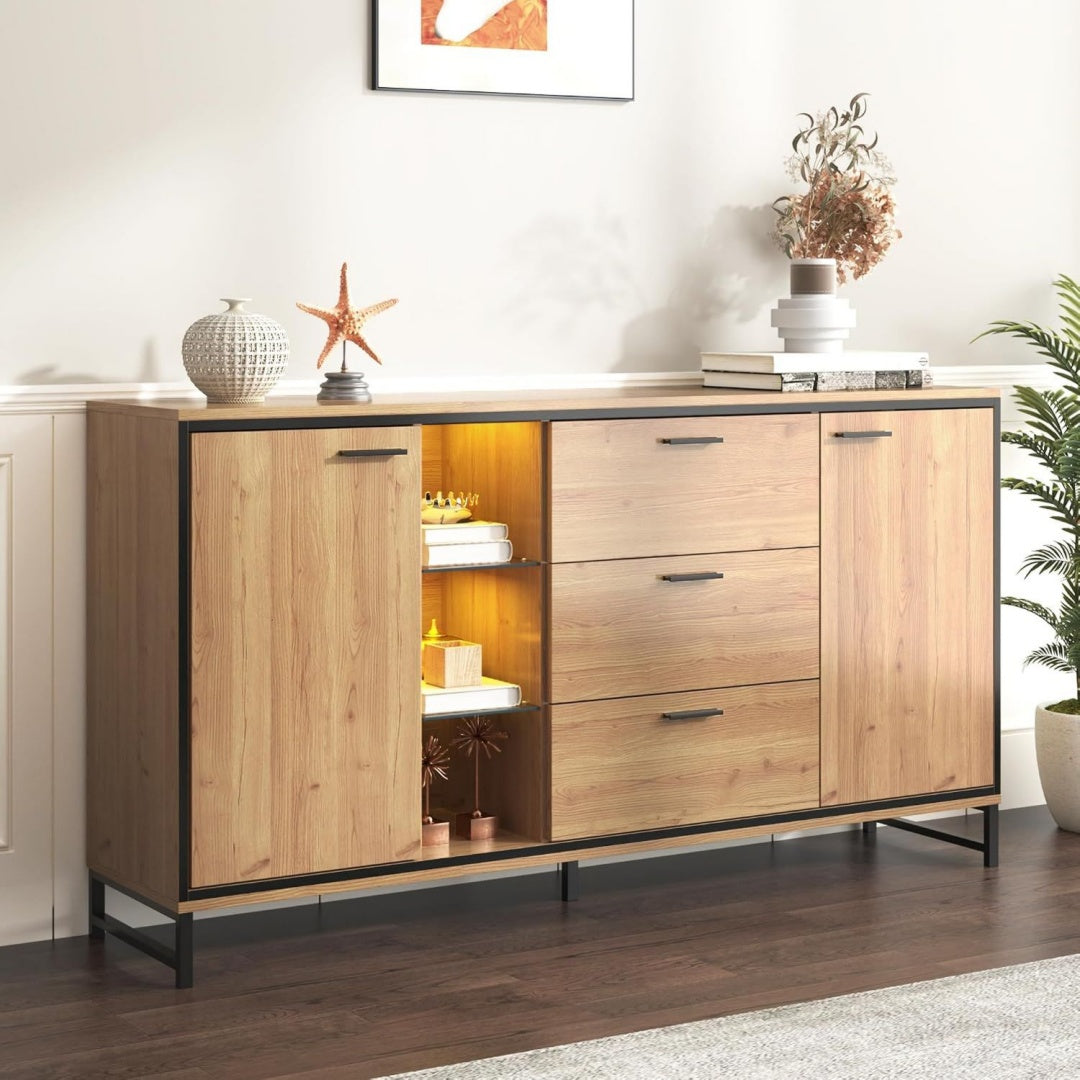 Buffet en MDF, gris clair trois tiroirs, usage polyvalent