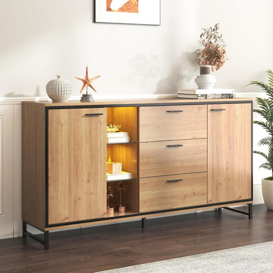 Buffet en MDF, gris clair trois tiroirs, usage polyvalent