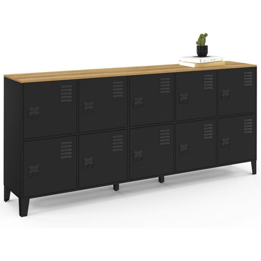 Buffet style industriel en bois ingenierie gris fonce a 10 portes